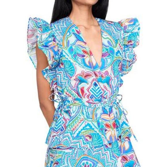 Marie Oliver Genette Ruffle Wrap Mini Dress Blue Multi Print 2G14-138-205A XXS - Picture 3 of 5